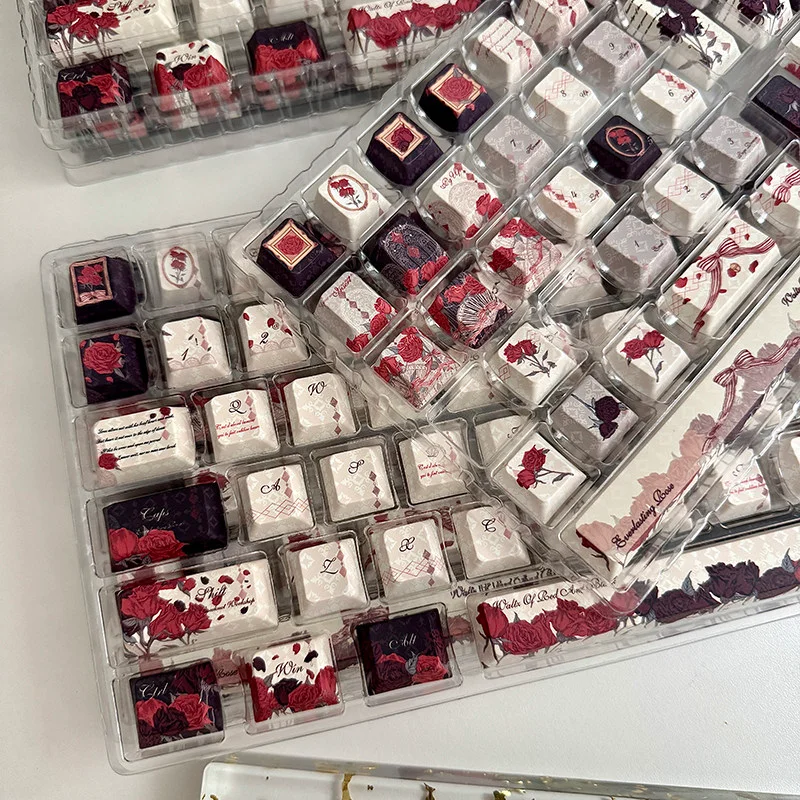 Red and Black Rose Theme Keycaps New Original Factory Height Five-Sided Sublimation Customized Mechanical Keyboard Keycaps