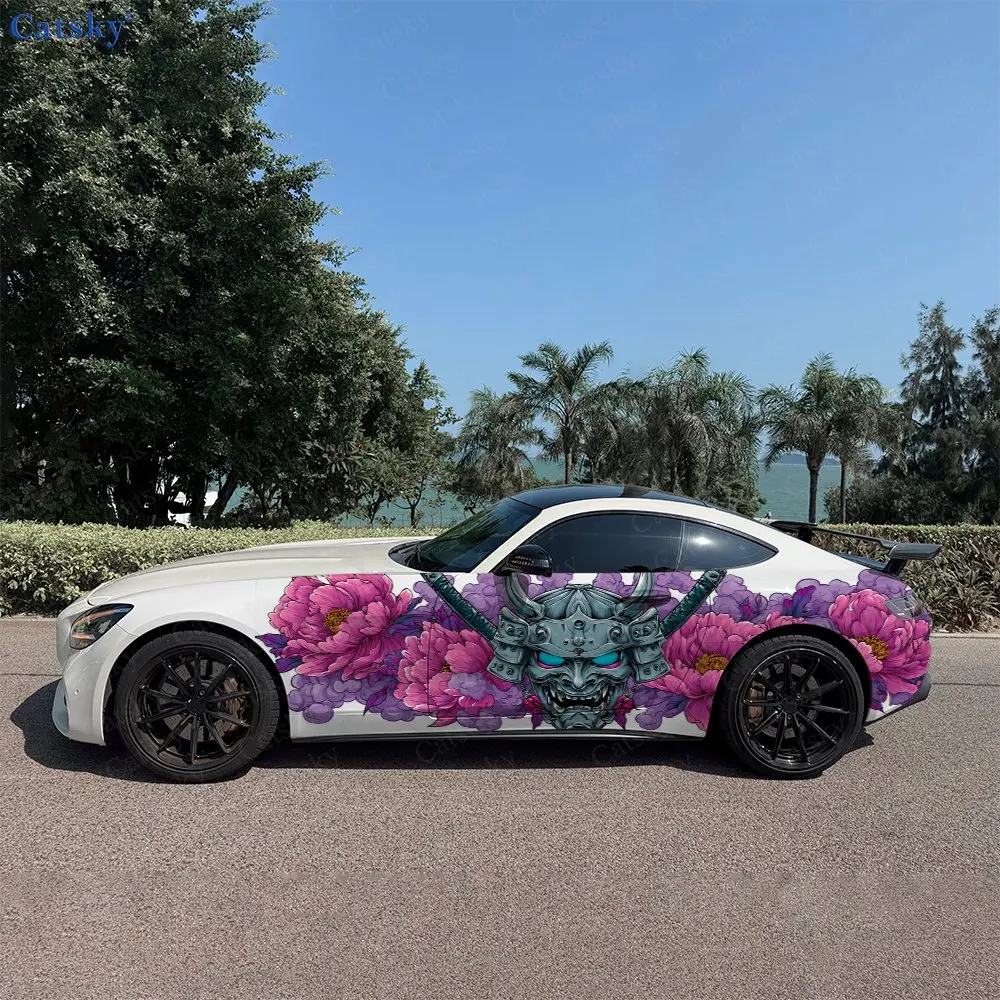 

2pcs Japanese Style Samurai Mask Car Side Wraps, Self-Adhesive PVC Waterproof & Scratch-Resistant Stickers, Car Accessory Gift