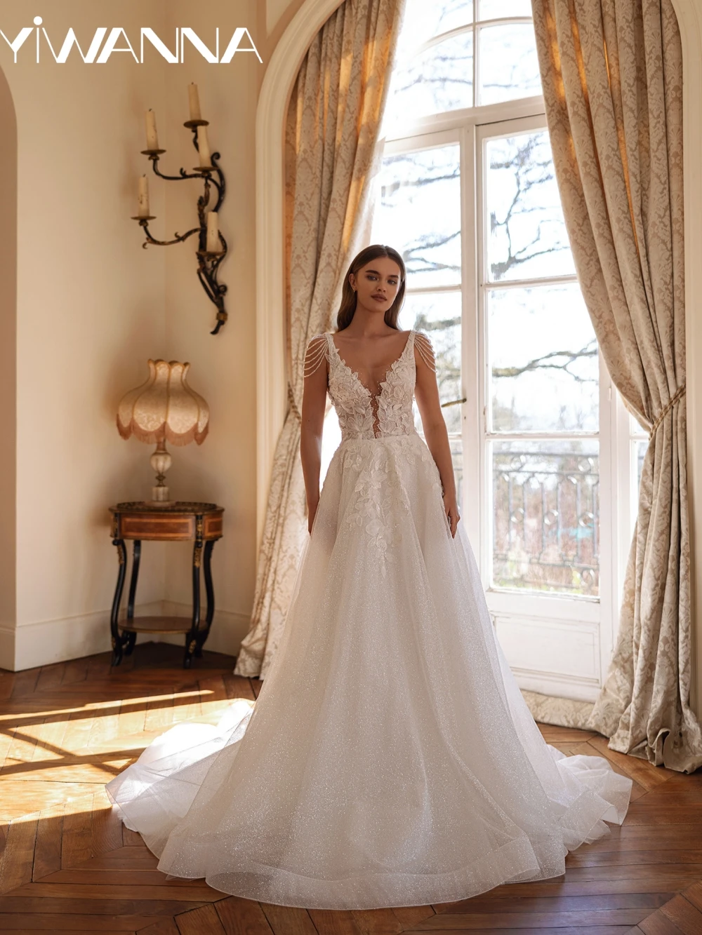 

Glitter Beaded Lace Appliques Wedding Dress Sexy Deep V-neck Backless Bridal Gown Customized A-line Long Dresses For Bride