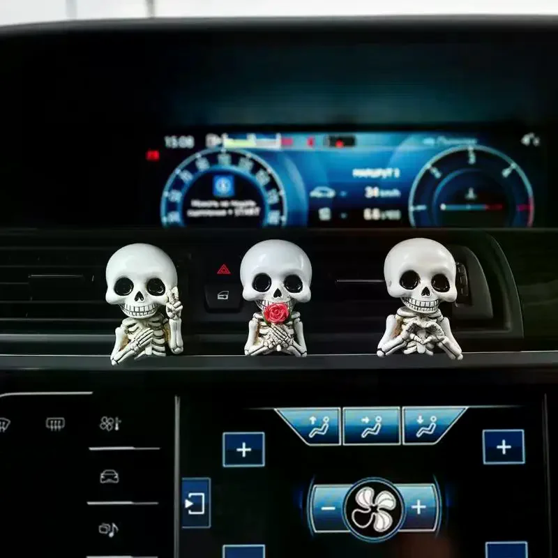 3Pcs Cute Skull Resin Statues Car Air Outlet Aroma Diffuser Four Season Auto Interior Decor & Car Gift