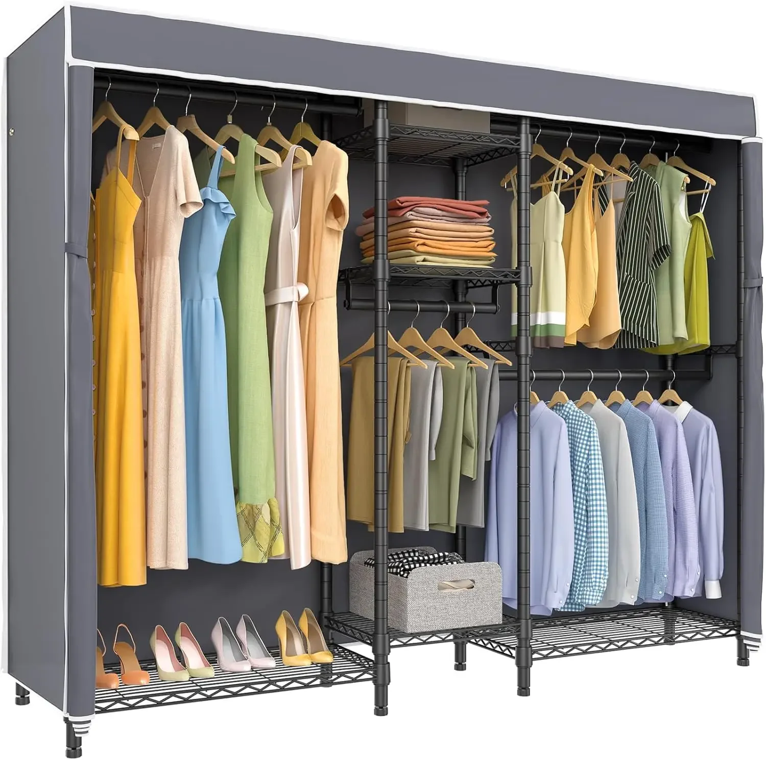 Heavy Duty Covered Clothes Rack Portable Wardrobe Closet, 5 Tiers Wire Garment Rack Black Metal Clothing Rack