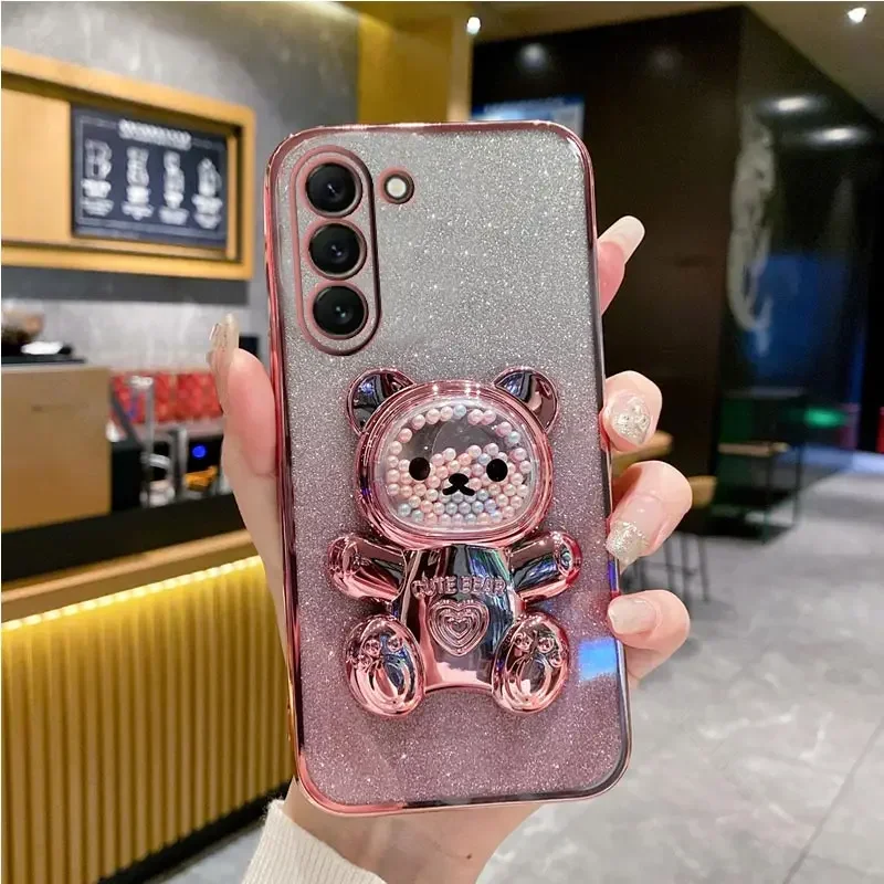 Cute Bear Bracket Plating Phone Holder Case for Funda Motorola Moto G85 G84 G83 G04 G14 G24 G34 G54 G73 E14 Clear Stand Cover