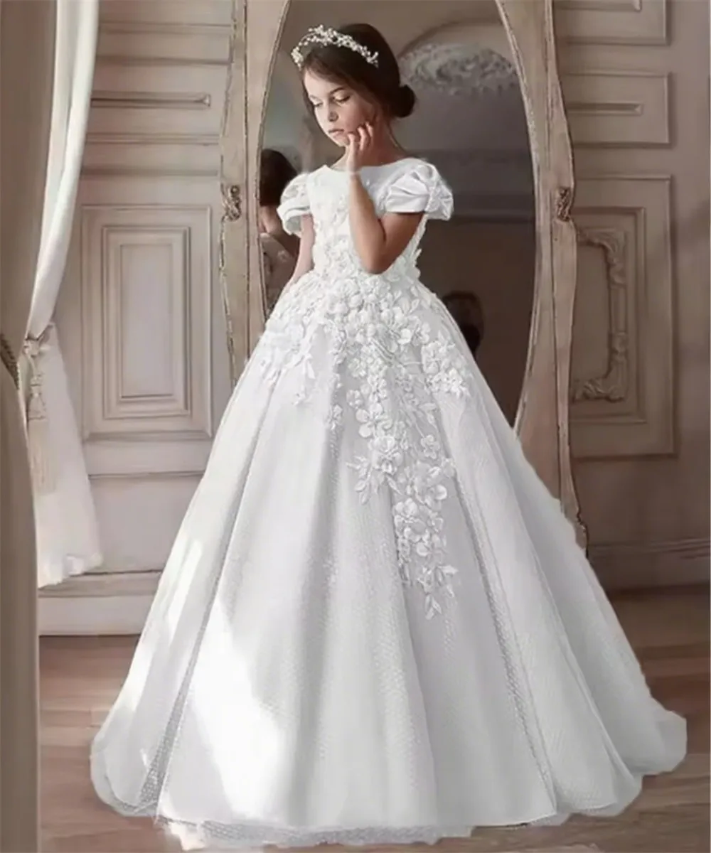 

Elegant Flower Girl Wedding Dress 3D Floral Appliques Elegant Girl Kids Birthday Party First Holy Communion Gown Customized