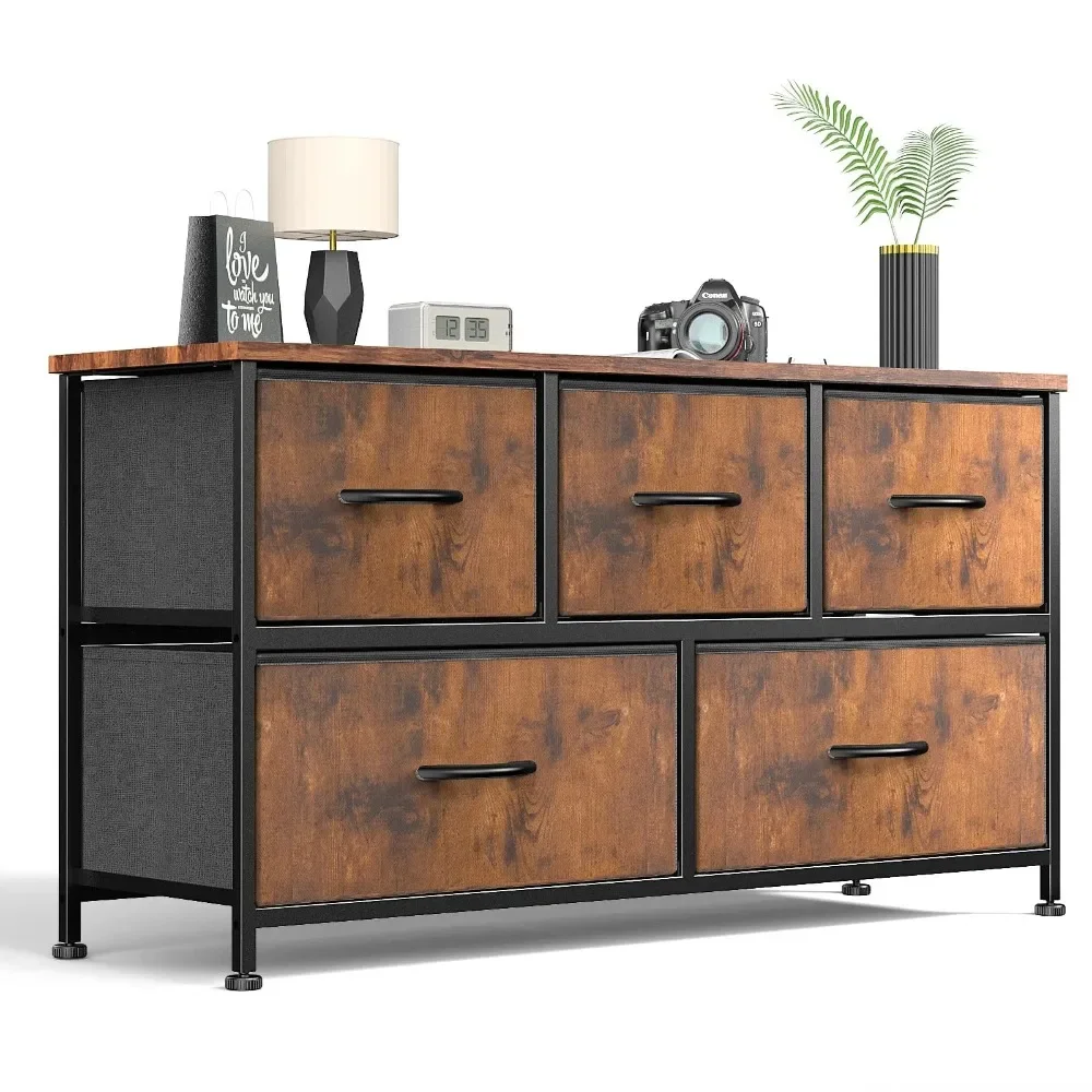 

Modern Dresser, 5 Fabric Drawers Dresser Clothes Cabinet Storage Organizers and Wood Top Surface Table for TV, Chest of Drawers