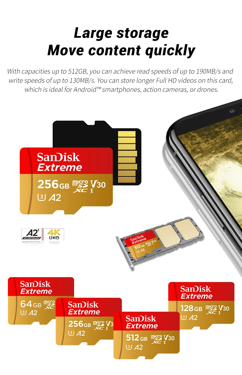 SanDisk Extreme V30 A2 4K MicroSD TF Flash-Karte für DJI-Drohnen, Actioncams und Handkameras, 64 GB, 128 GB, 256 GB, 512 GB, MicroSDXC-Speicherkarte. – Detail 4
