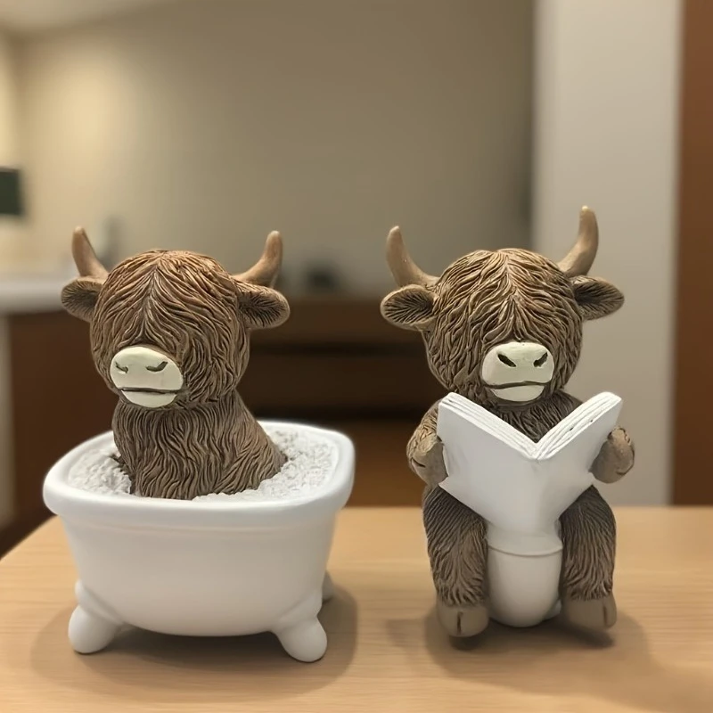 

Resin Statue of Scottish Highland Cow, Fun Bathing Reading Figurine, Table Decoration, Home Office, Holiday Gift
