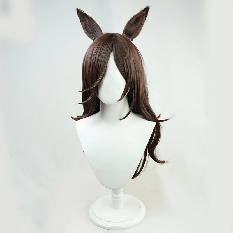 Umamusume Pretty Derby Rice Shower Cosplay Perücke Kleiner Hut Kopfbedeckung Anime Spiel Rollenspiel Dunkelbraunes Haar Ohren und Schwanz Party Requisiten