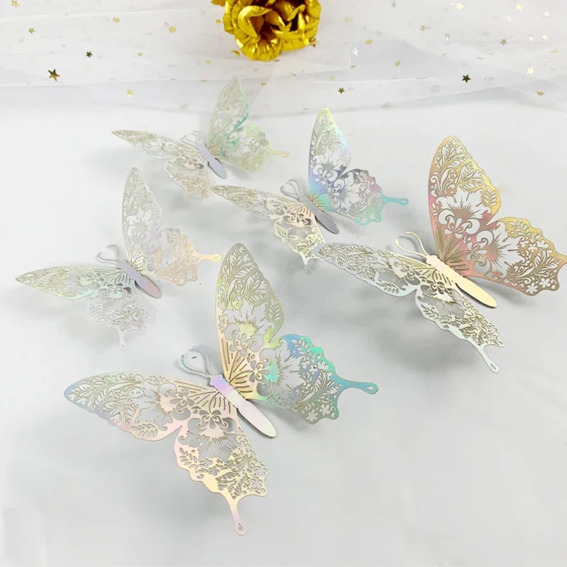 12/24pcs 3D Hollow Butterfly Wall Sticker Gold Silver Rose Wedding Decoration Living Room Home Decor Butterflies Decal Stickers