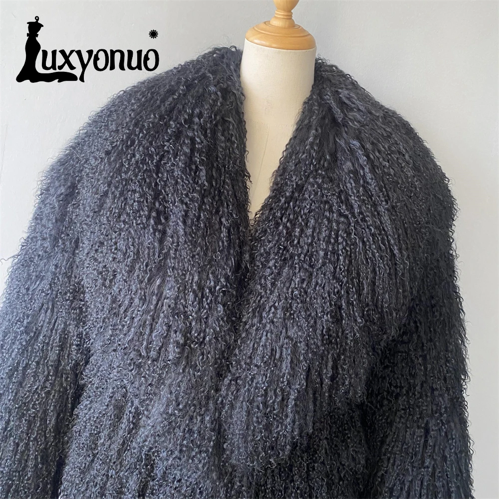 Luxyonuo-abrigo de piel de oveja mongol Real para mujer, ropa mullida, abrigos largos de lujo para mujer, nueva llegada, Otoño e Invierno