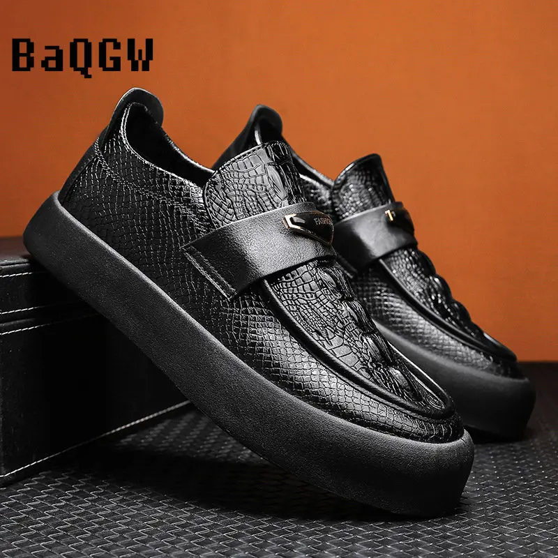 Fashion Versatile Mens Leather Casual Shoes Waterproof Platform Shoes Comfortable Loafers Office Outdoor Walking Skate Shoes