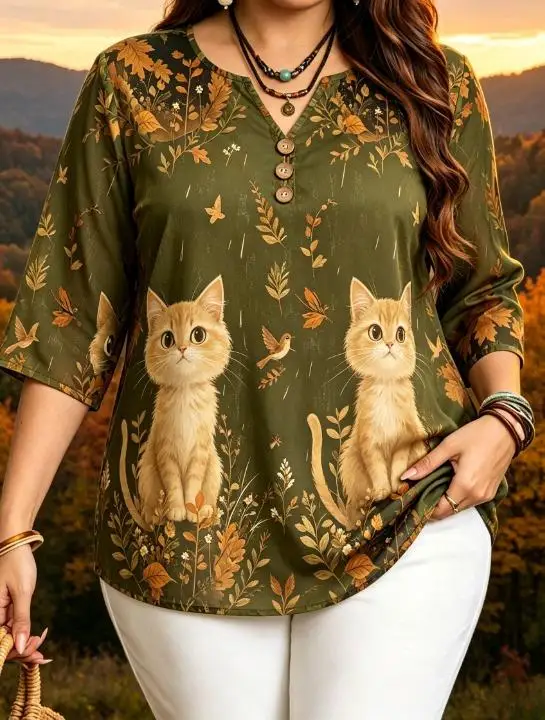 6 Colors Fall Maple Cute Cat Print Blouses Notch Split V Neck 3 Buttons 3/4 Sleeve Women Casual Tops
