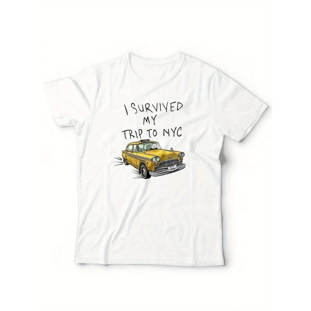 Funny NYC T-Shirt - 'I Survived My Trip to New York' Vintage Taxi Graphic Tee - Shirt with Yellow Cab - Heavyweight 220GSM -