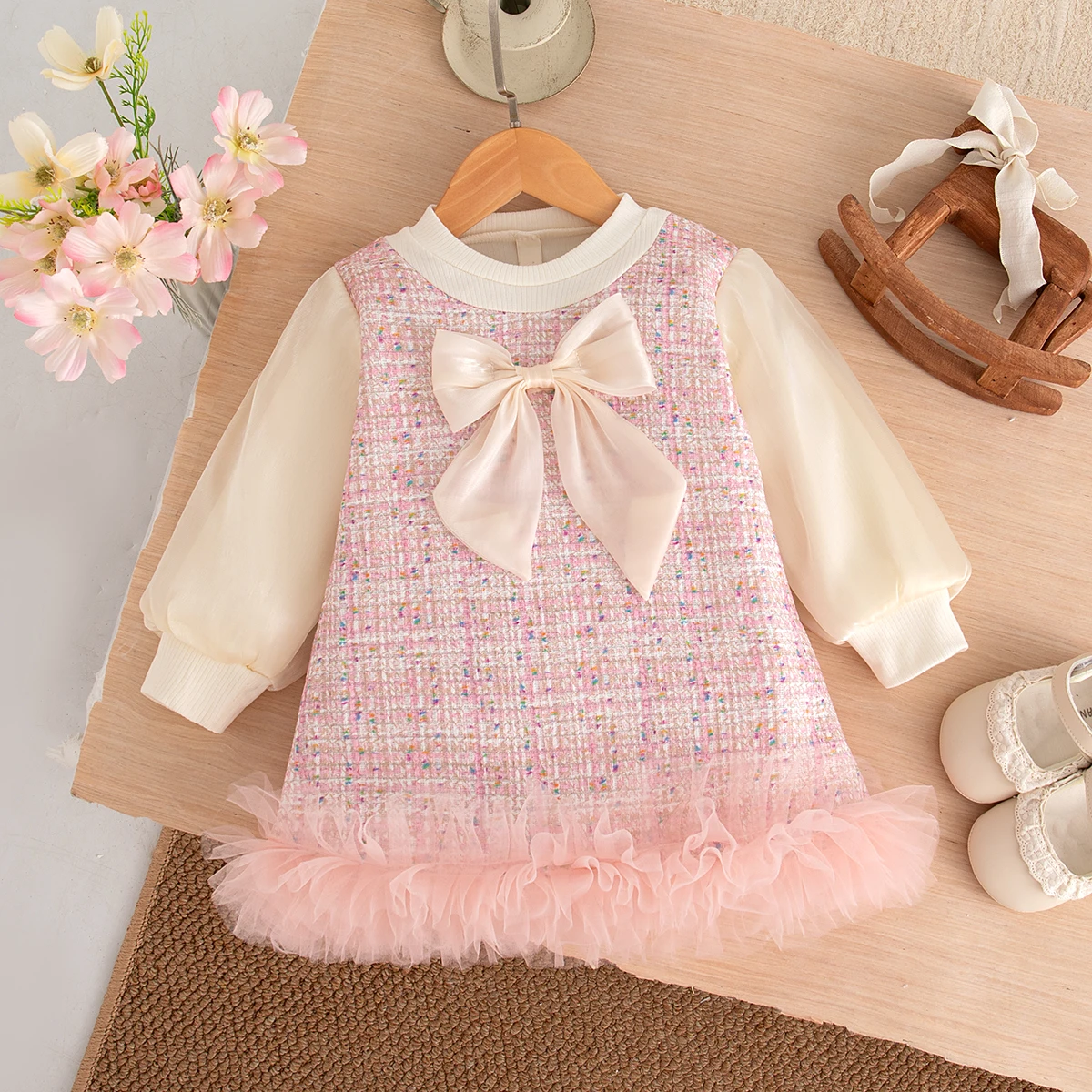 Baby Dresses Autumn/Winter Cotton Bow Mesh Color Blocked Long Sleeved Girls Dresses Sweet And Cute Baby Girl Clothing