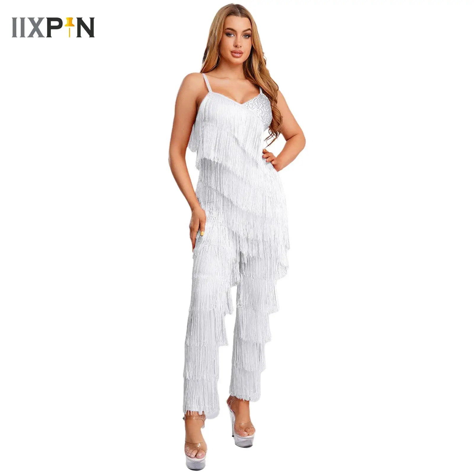 

Сексуальные комбинезоны с блестками, многоуровневый комбинезон с кисточками для женщин, латинская ча-ча, танцевальное представление, штаны с бахромой для самбы, полное боди, танцевальная одежда