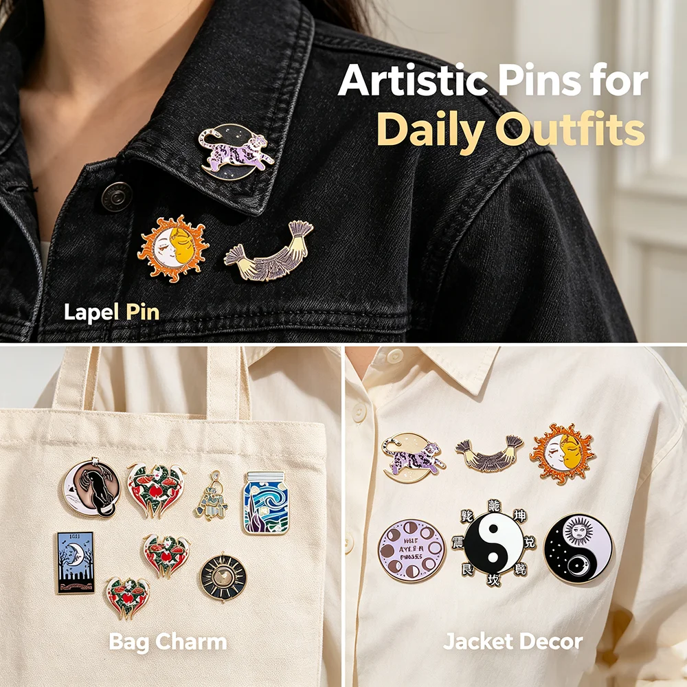 Witchy Mystic Enamel Pins Set Yin Yang Tarot Card Sun Moon Phase Tiger Lapel Brooch Badge Backpack Decor Collectible Gifts
