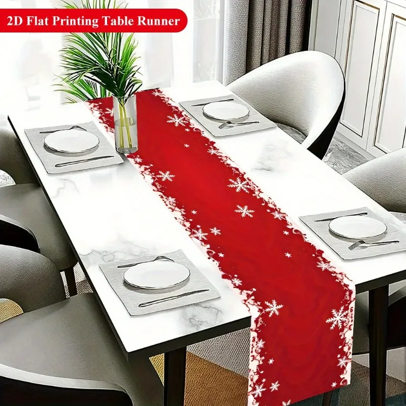 2D Flat Printing Table Runner 1pc, Winter Snowflakes on Red Polyester Table Flag for Holiday Dining, Indoor Outdoor Decor Set