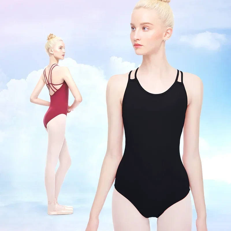 여성 발레 레오타드 더블 스트랩 체조 레오타드 블랙 댄스 바디 슈트 코튼 스판덱스 발레리나 댄스웨어 캐미솔