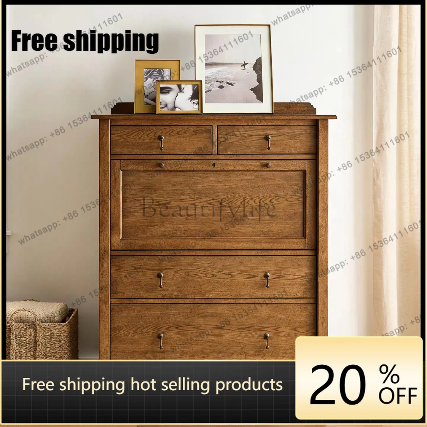 

LD33 French retro solid wood chest of drawers Flippable storage cabinet