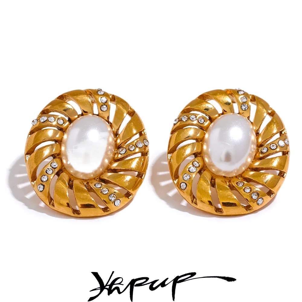 Yhpup Elegant Imitation Pearls Stainless Steel Round Hollow Stud Earrings Exquisite Cubic Zirconia Vintage France Jewelry Gift