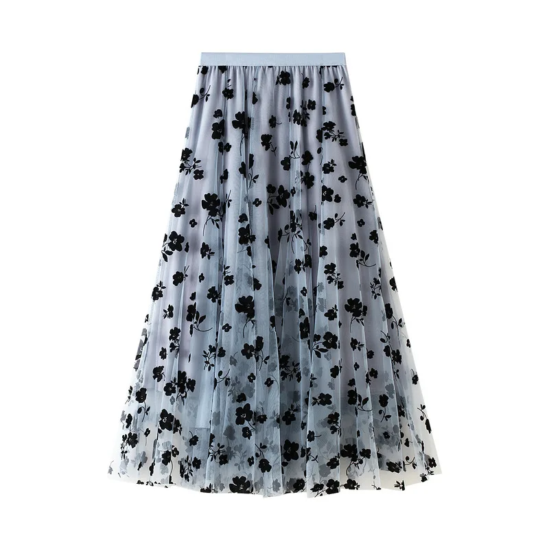 

Summer Elegant Floral Women Tulle Skirts High Waist Korean Flocking Pleated Midi Skirts Mesh Office Ladies Skirt New