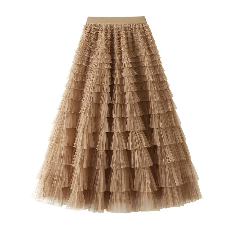 

Women's Tulle Ruffled Skirt: Elegant Tiered Cake Skirt for Spring & Autumn - Slimming A-Line Long Skirt