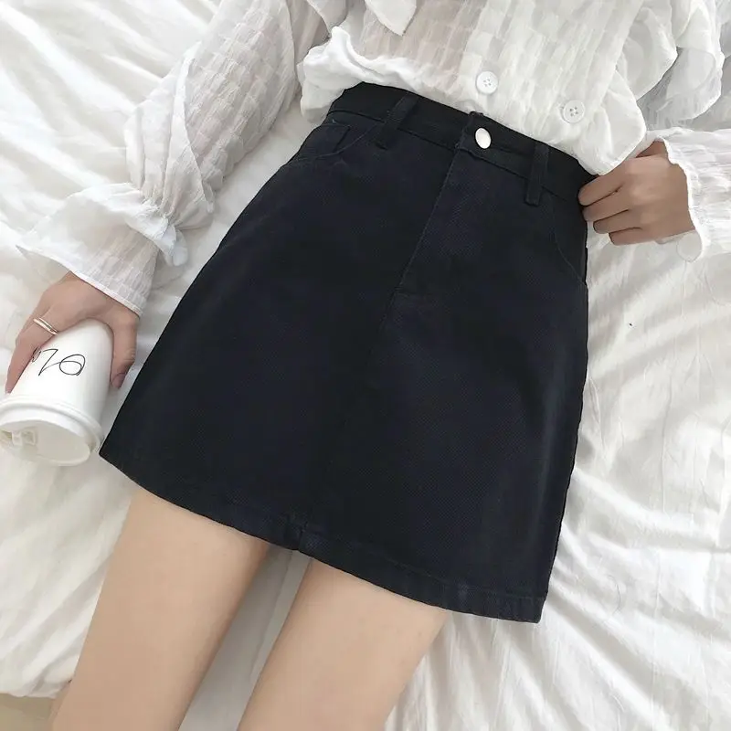 Basic Solid Color High Waist Denim A-Line Skirt, Button Fly Pocket Short Mini Jean Skirt for Women view 2