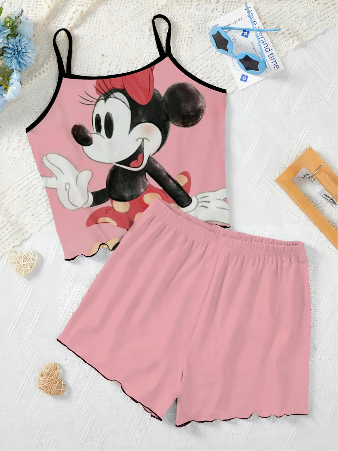 Mickey Elegant Women's Sets for Women 2 Pieces Slip Dress T-shirt Top Pajama Skirt Minnie Mouse Lettuce Trim Disney Short Suit