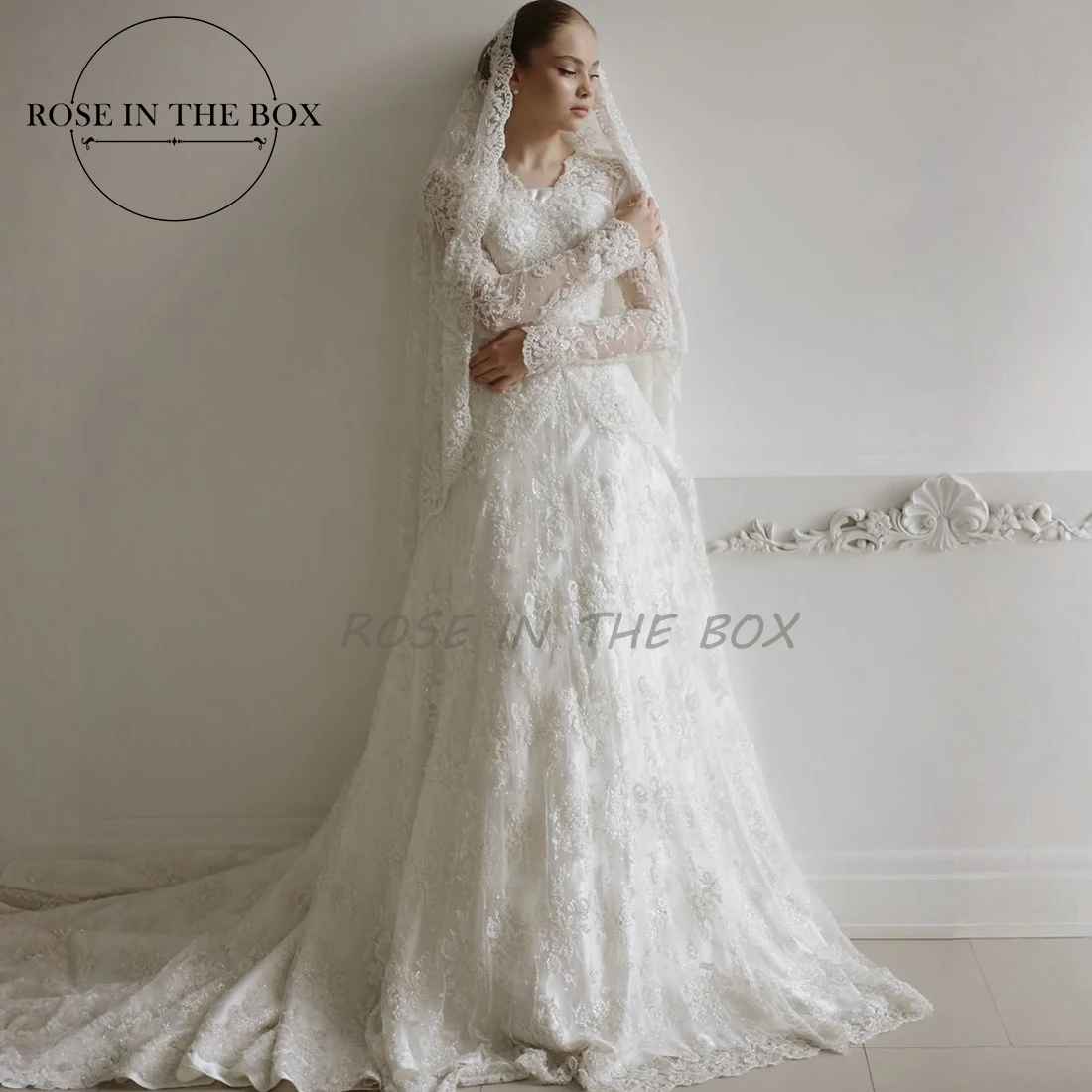 ROSEINTHEBOX NEW Luxury Long Sleeve Wedding Dress 2025 Lace Appliques A-line Chapel Train Brides Dress for Wedding Customized