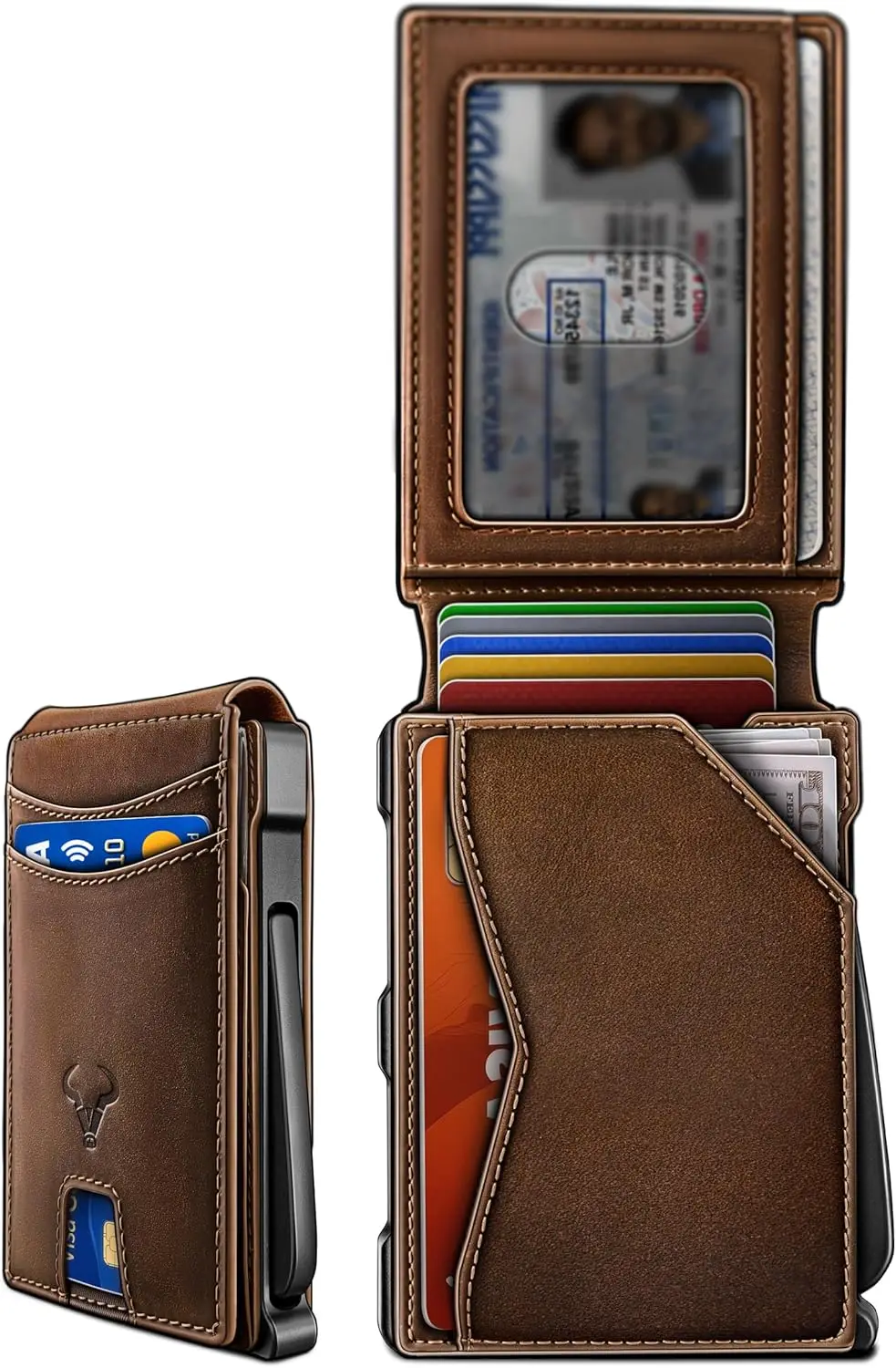 

Men's Metal Wallet with Magnetic Flip Top, Grain Leather, Holds 13 Cards and Bills, Simplified Access