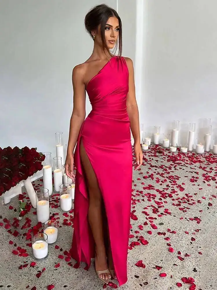 Vestido largo de satén con un hombro para mujer, vestido Sexy de verano sin mangas con Espalda descubierta, vestidos de noche de fiesta con abertura alta, vestido de cóctel elegante N3XK