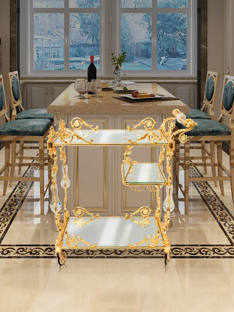 Elegant Restaurant Trolley Art Wedding Decoration Luxury Light Dining Cart Golden Copper Hotel Trolley