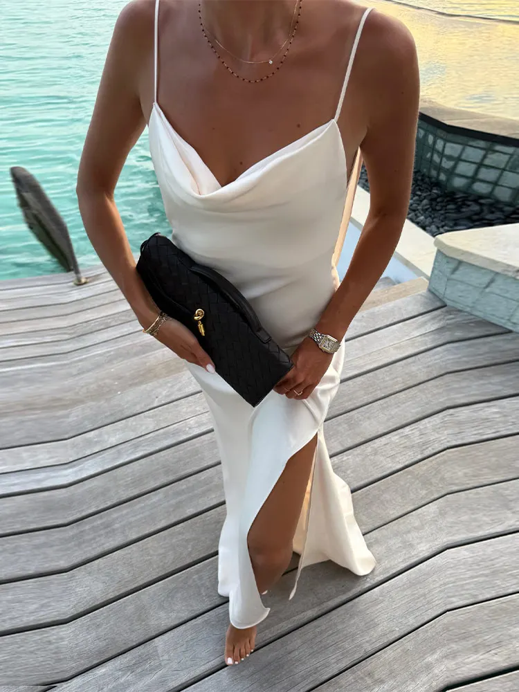 Tief Ausgeschnittenes Seitlich Geschlitztes Langes Kleid Damen Sexy Ärmelloses Rückenfreies Plissiertes Party-Abendkleid Charmantes Damenkleid Vestidos Longo – Detail 22