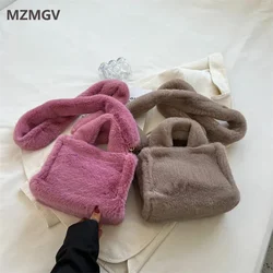 Winter Solid Colour Quality Faux Fur Small Tote Bag Designer Soft Fluffy Plush Handbag Cute Warm Shoulder Crossbody Bag Women
