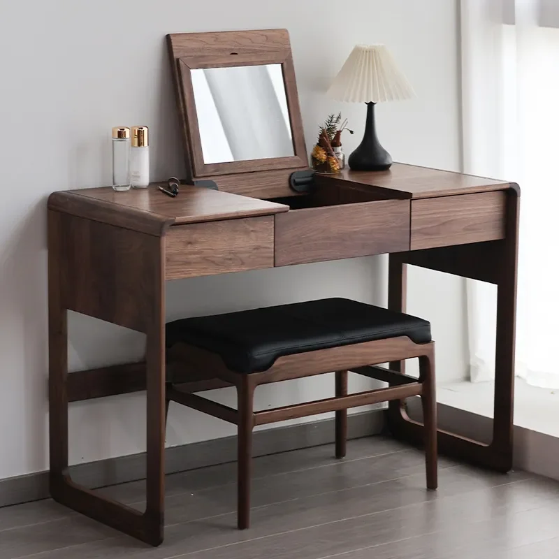 North American Black Walnut Dresser with Mirror Solid Wood Clamshell Vanity Desk for Bedroom Makeup Storage Furniture