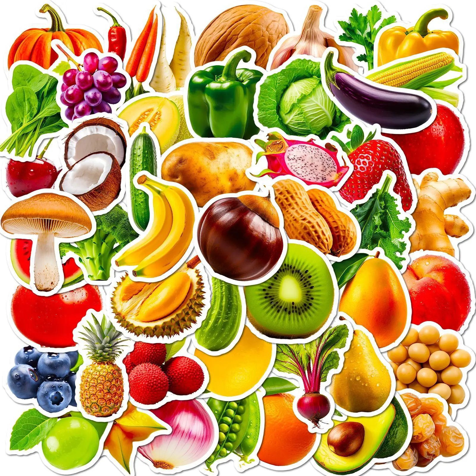 Paquete de pegatinas de brócoli, frutas y verduras vívidas, uva, cereza, zanahoria, pegatinas de vinilo impermeables para teléfono portátil, 50 Uds.