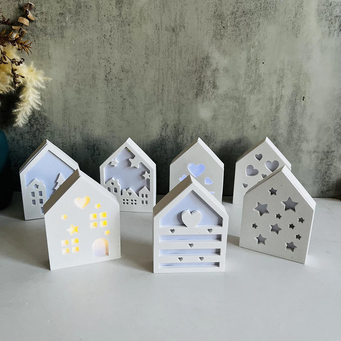 3D Splicing House Silicone Mold DIY Gypsum Concrete Splicing Candlestick Mold Starry Sky Love House Tea Lamp Decoration Crafts