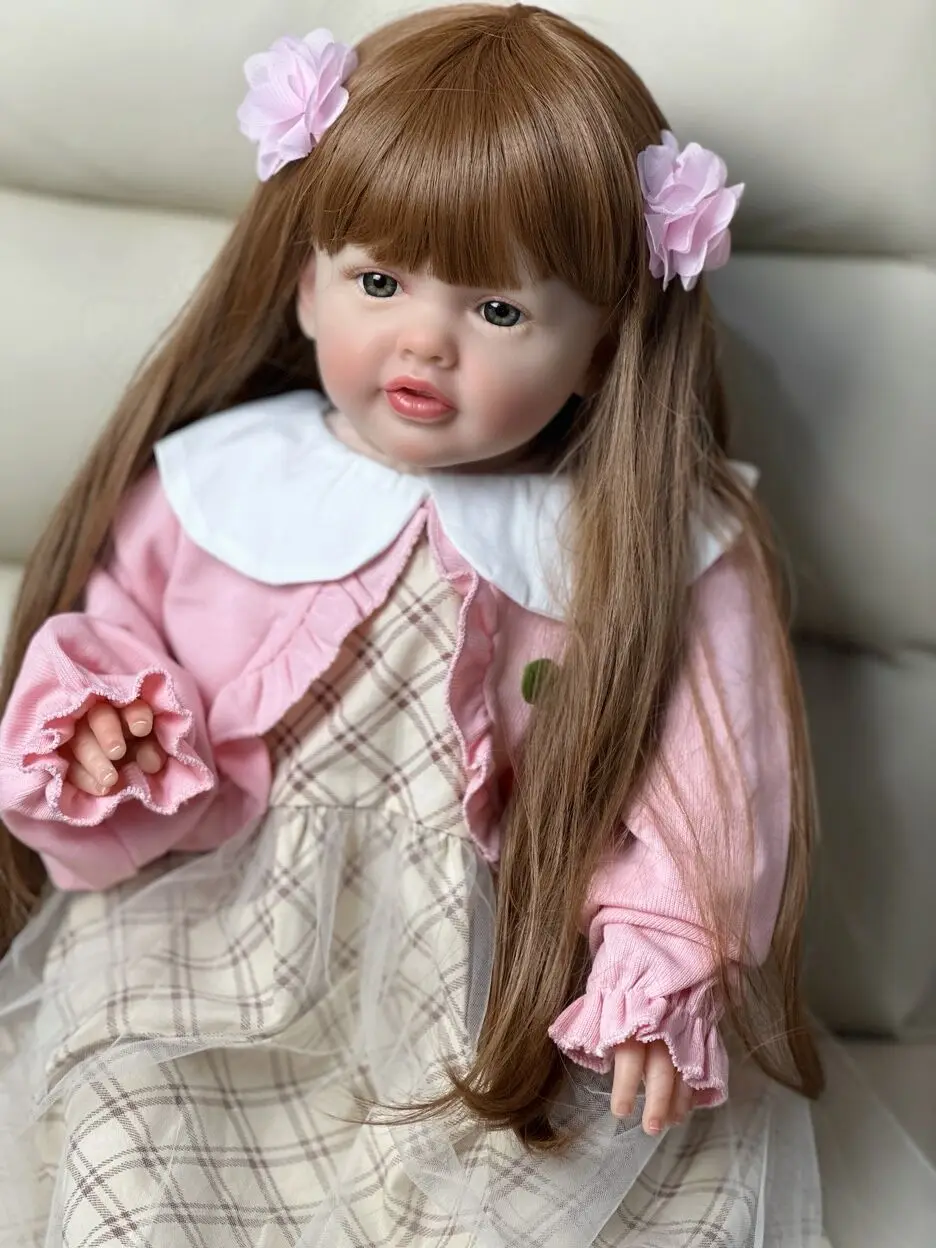 60cm Cloth Body Silicone Reborn Stand Baby Doll Toy For Girl Lifelike Long Hair Princess Bebe Birthday Gift Dress Up Art Boneca