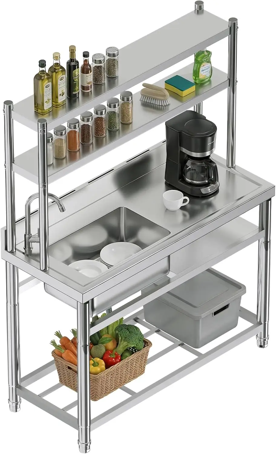 

Мойка из нержавеющей стали 45x20x58,7 дюймов с рабочей поверхностью и двухуровневой полкой, одинарная раковина для приготовления пищи с полкой для хранения и держателем для ножей