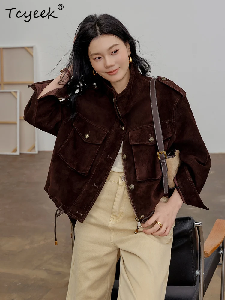 Tcyeek 本物の羊革 春秋 ハイエンド スタンドカラー スエード ショート丈 レディース 本革ジャケット 女性用レザージャケット