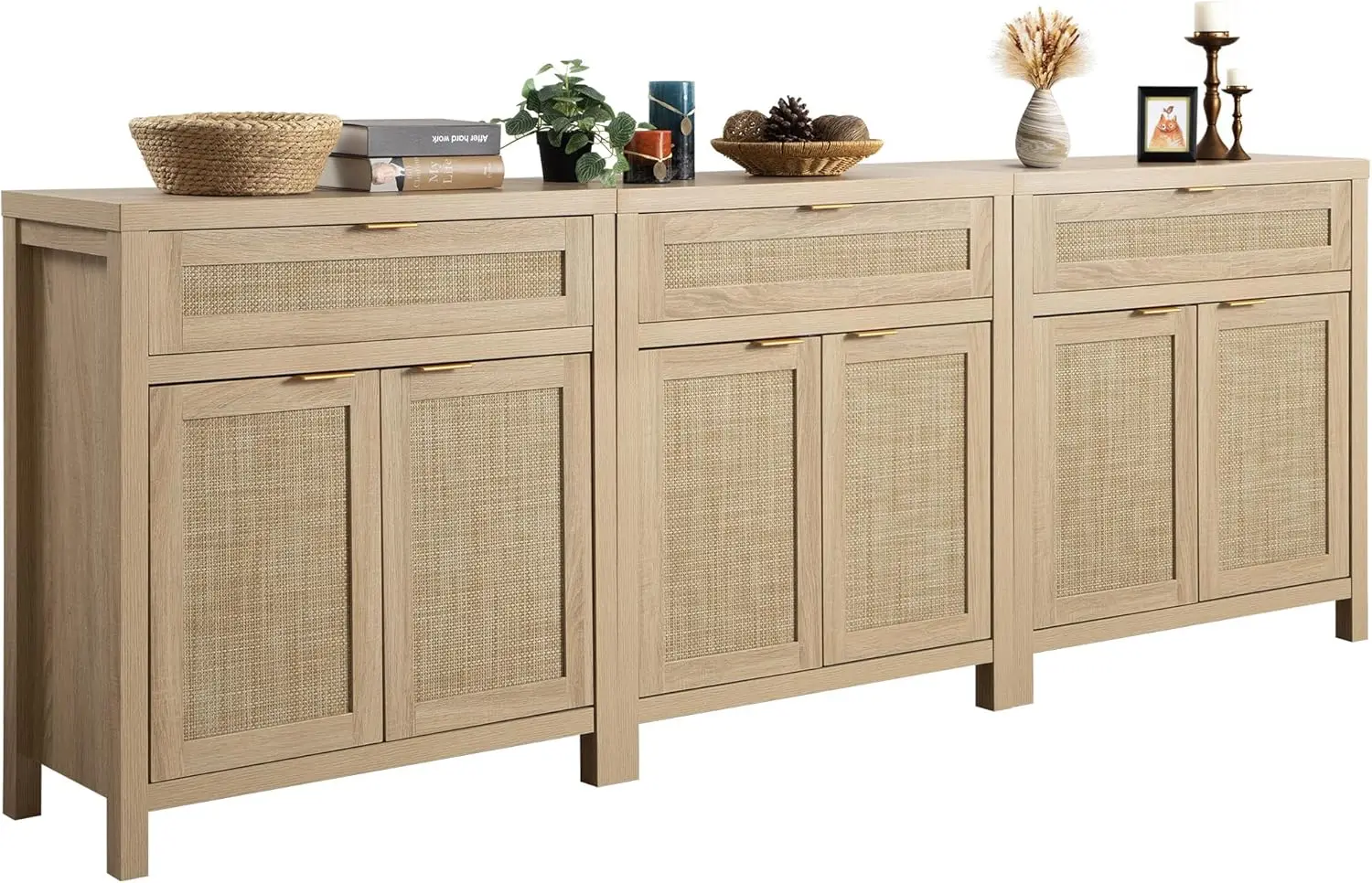 

Sideboard Buffet Storage Cabinet Set of 3 Rattan Credenza Buffet Table Boho Console Accent Cabinet with Doors and Drawer Coffee