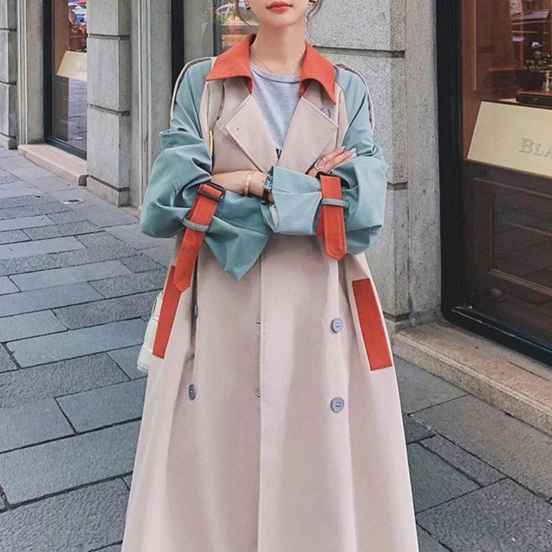 

Women Fashion Stitching Contrast Color Trench Coat Ladies Streetwear Trendy Lapel Long Sleeve Double Breasted Jackets Outerwear