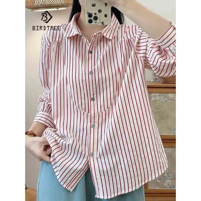 

New Spring Cotton Striped Shirt Women Lapel Versatile Tops Girl Long Sleeve Commute French Loose Blouse 2024 Autumn