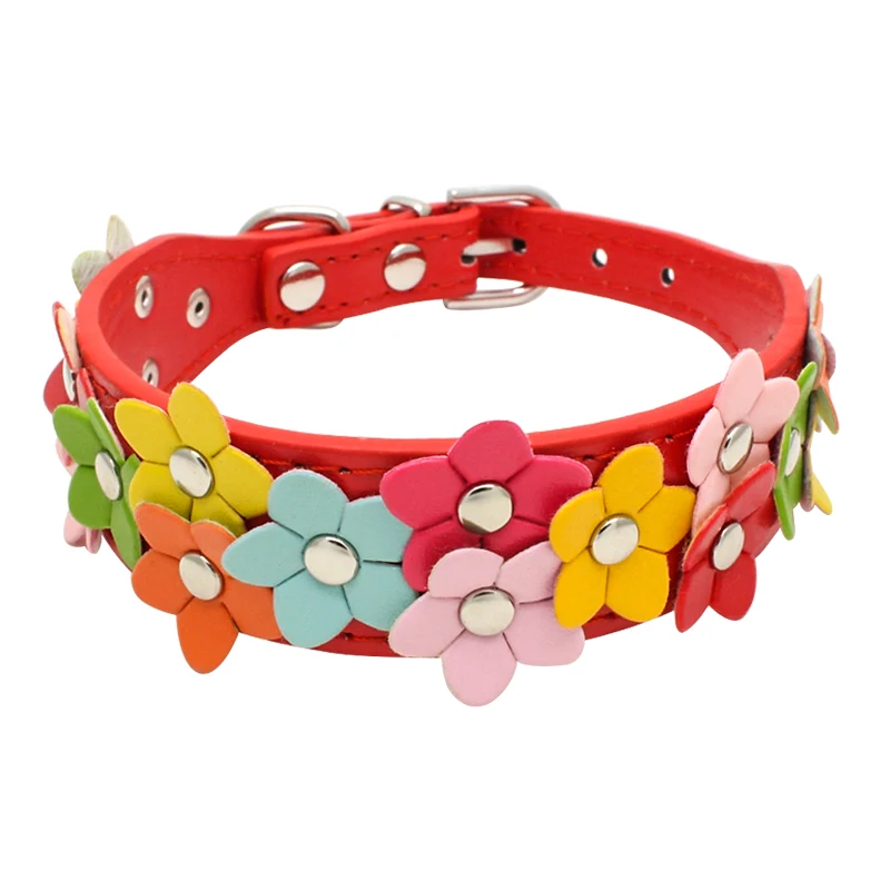 CP079Cute Muti Colors Wide Version Double Rows Flower Decoration PU Leather Durable Stylish Pet Girl Dog Fashionable Collar