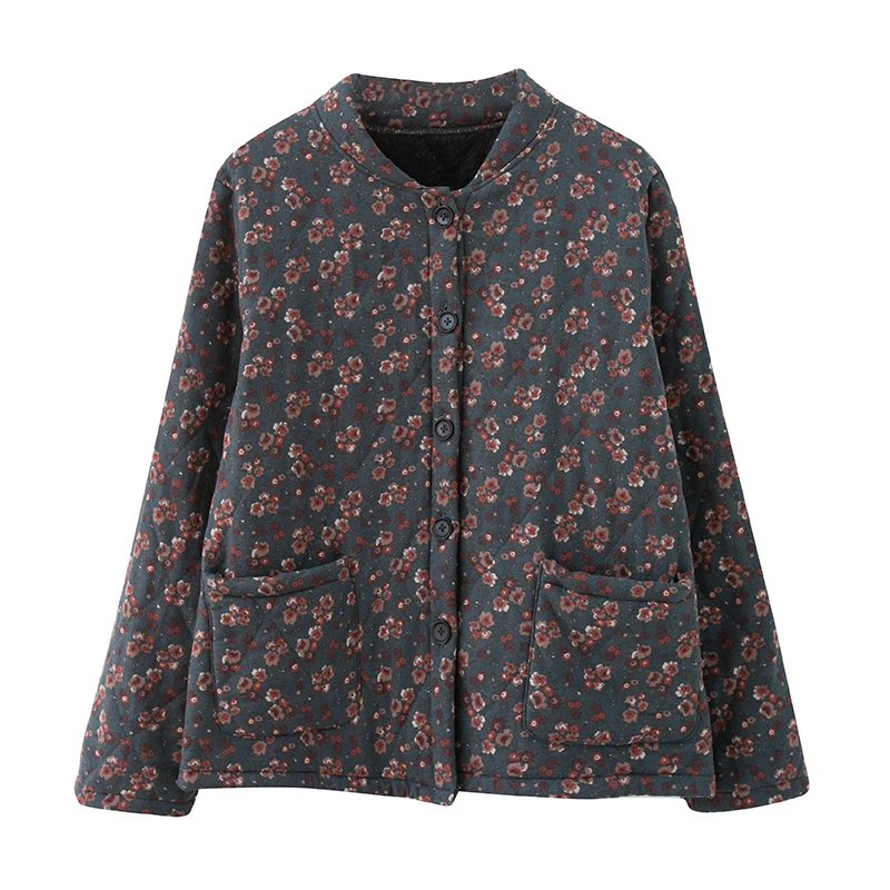 Large Size Loose Long-sleeved Short Cotton Jacket Women\'s Clothing Winter Coats Retro Cotton Linen Floral Casual Outerwear bd322