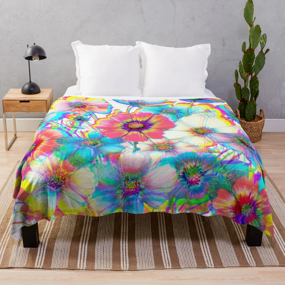 Trippy Chromatic Aberration Colorful Watercolor Wildflower Cosmo Flowers - White, Blue, Pink, and Purple Throw Blanket