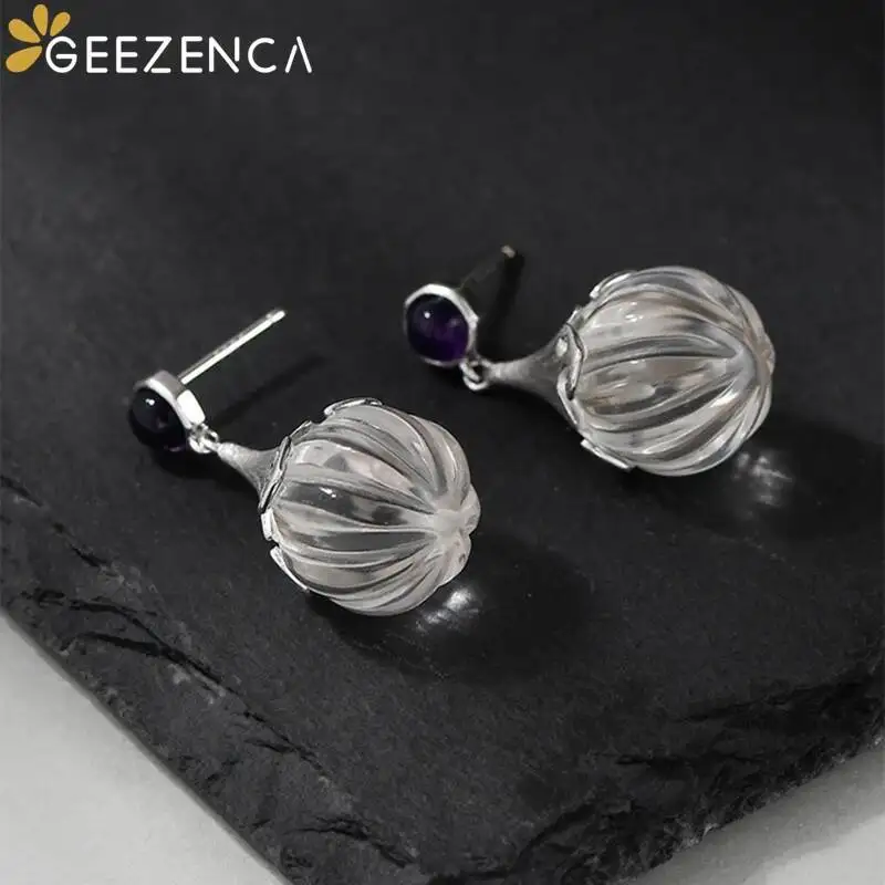 GEEZENCA 925 Silver Natural White Crystal Pumpkin Bead Dangle Earrings For Women Minimalism Chic Water Drop Earring 2023 New