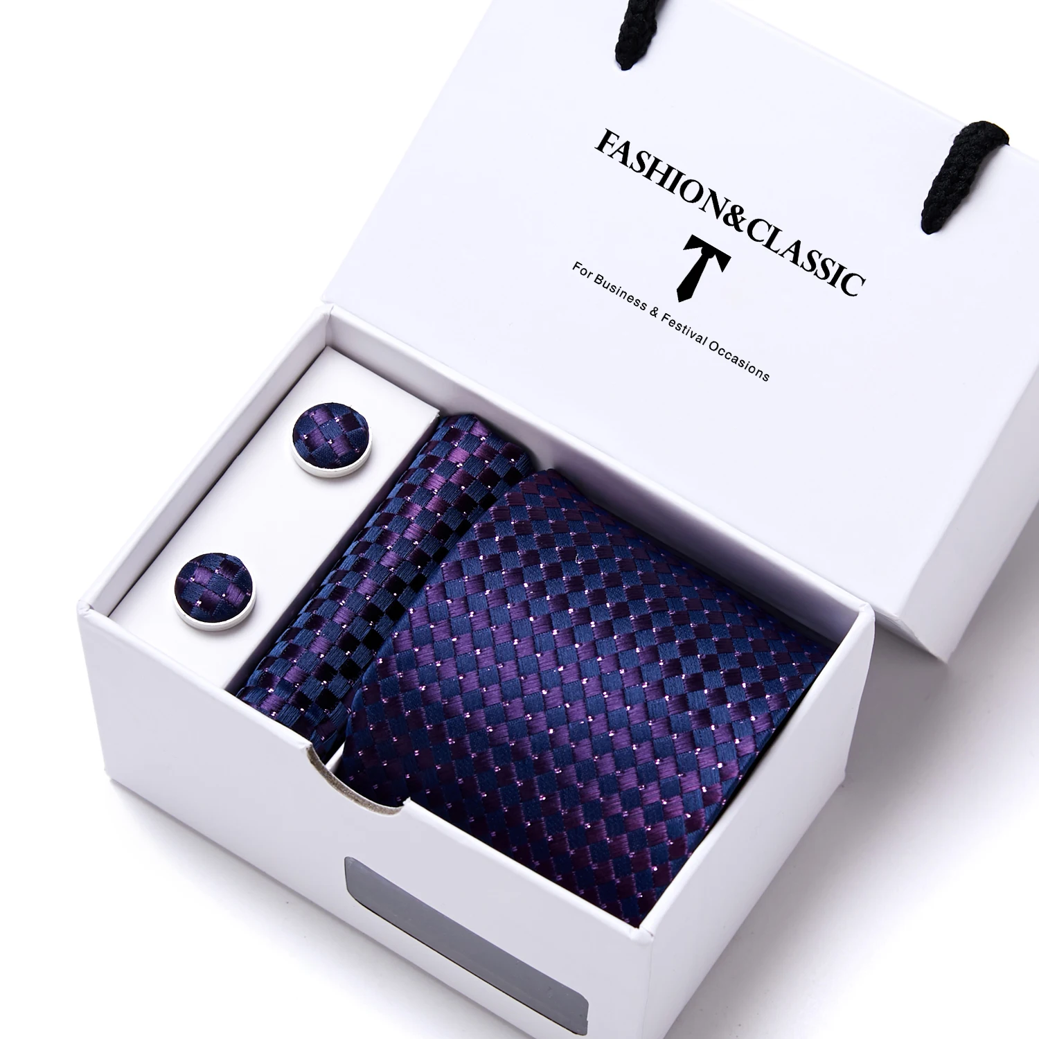 High Quality 7.5 cm Stripe Blue Tie Pocket Square Cufflinks Set For Men Gift Box Wedding Gravatas Fit Workplace