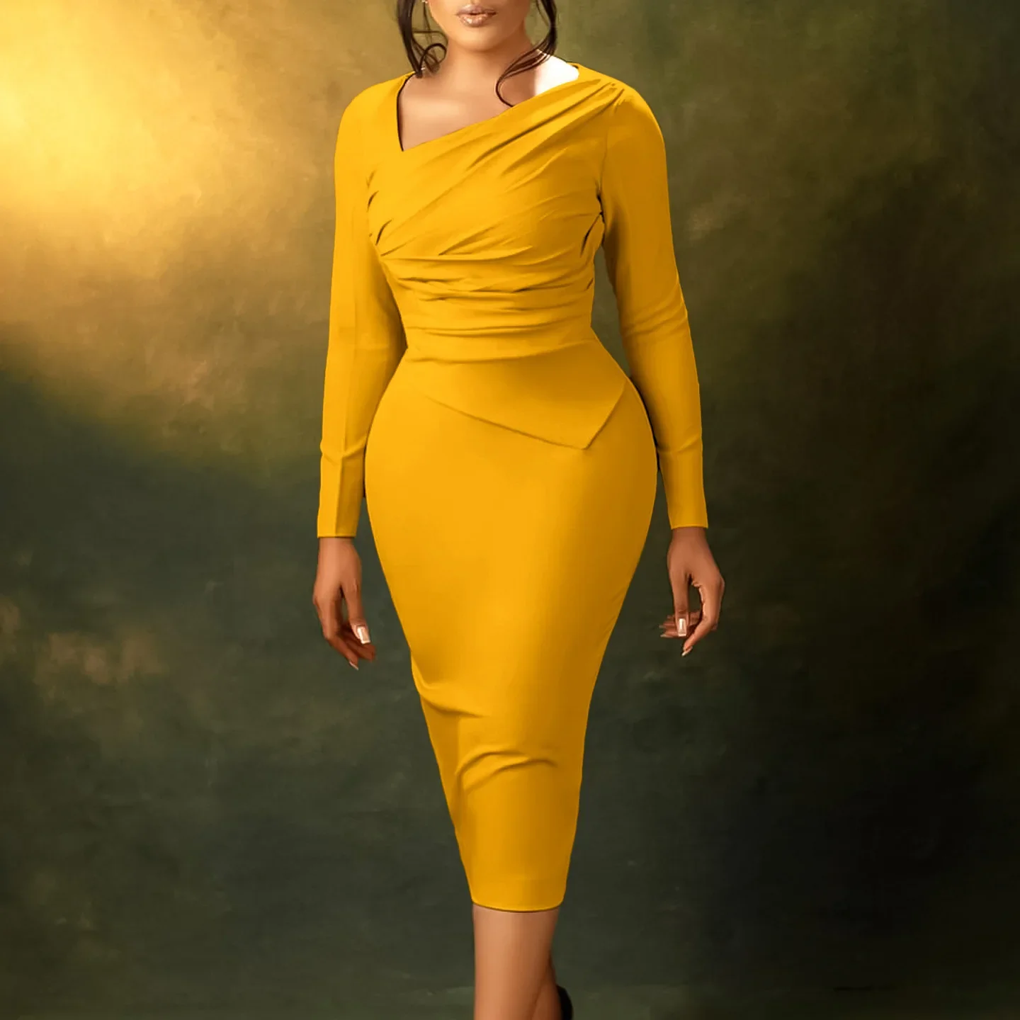 

Dress for Women 2024 Fashion Temperament Tongle Hip-wrapped Slant Collar Pleated Bodycon Dress Office Lady Dresses