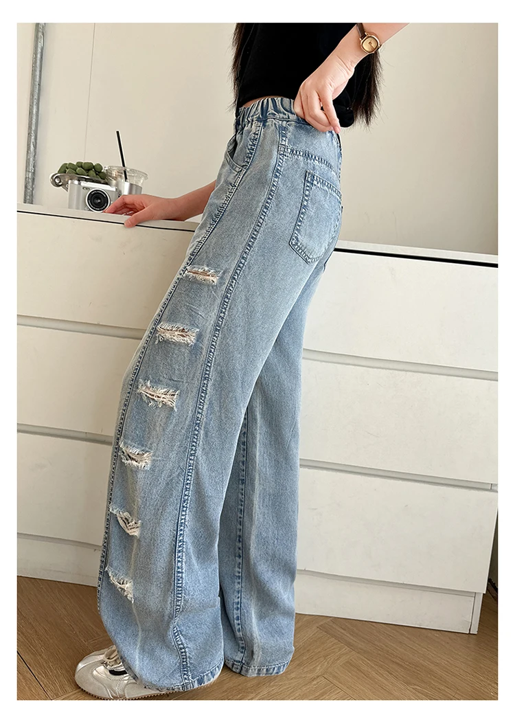 Jeans für Teenager-Mädchen mit seitlichen Löchern, lässige Mode, Sommer, Kinder, weites Bein, zerrissene Jeanshosen, Schulhosen aus Denim, 10-12 Jahre – Detail 5