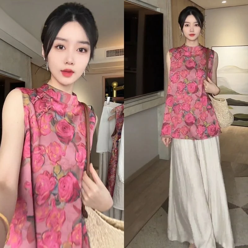 Nuevo traje chino sin mangas de gama alta para mujer, Top de Jacquard reductor de edad, pantalones de pierna ancha, conjunto de dos piezas que hace un aspecto más delgado